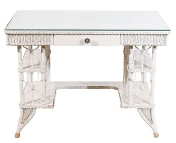 Antique Victorian Wicker Desk with Glass Top
