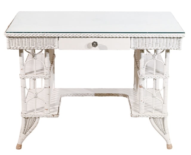 Antique Victorian Wicker Desk with Glass Top: Antique Victorian Wicker Desk with Glass Top.Glass top has chip in 1 corner.Measures 31 inches x 43 inches x 29 inches.