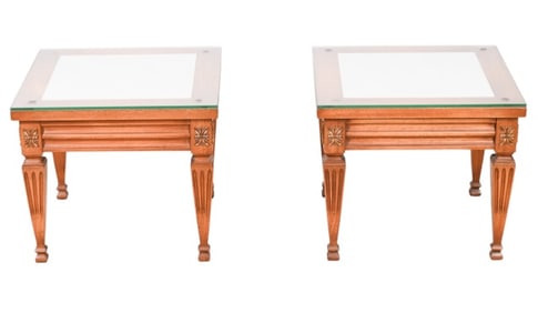 Pair Carved Marble and Glass Top End Tables