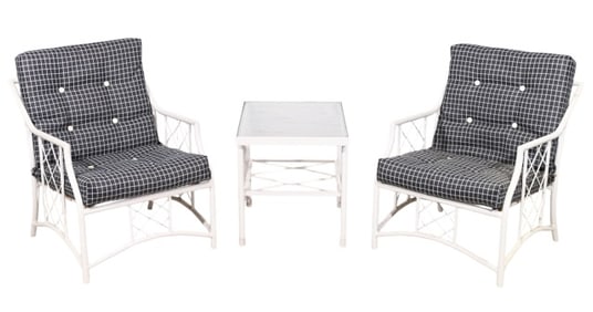 Pair White Outdoor Chairs w/ Glass Top Side Table