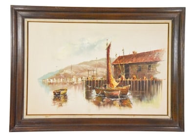 Vintage Harbor Scene Oil on Canvas Painting