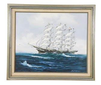 K. Maskell Signed Clipper Ship Painting on Canvas