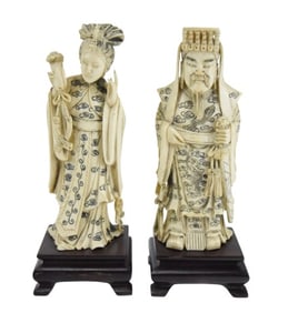 Chinese Emperor and Empress Carved Bone Figurines