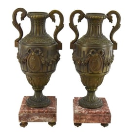 Pair French Patinated Spelter Urns on Marble Base