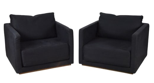 Pair Contemporary Upholstered Black Lounge Chairs