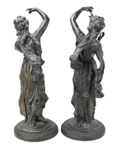 Pair Bacchanalian Women Patinated Bronze Sculpture