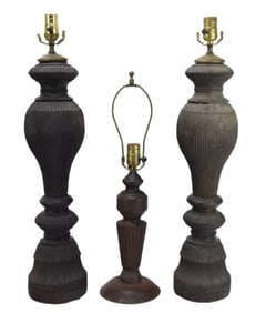 3 Antique American Treen Ware Carved Lamps