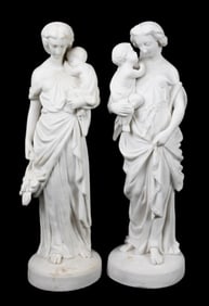 Neo Classical Mother Child White Bisque Statues