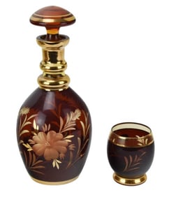 Antique Bohemian Hand Painted & Gilt Ruby Glass