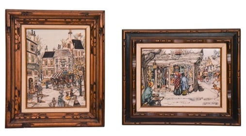 Pair C. Harsha Signed Etched & Painted Art w Frame