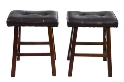 Pair Dark Espresso Leather Upholstered Bar Stools