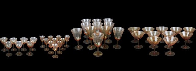 Antique Amber Etched Glass Stem Glassware