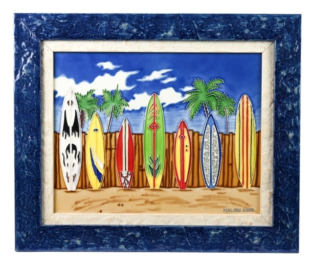 Louis Torres Ceramic Tile Portrait of Surfboards: Louis Torres Malibu Gallery Porcelain Ceramic Tile Featuring Surfboards in Painted Frame. Measures 16 inches x 19 inches.
