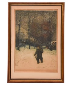 Gustave Henri Marchetti Signed Aquatint Man w Snow