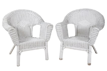 Pair Vintage White Wicker Armchairs
