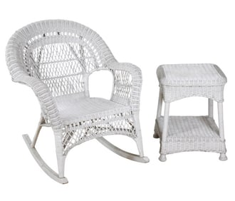 Vintage White Wicker Rocking Chair & Side Table