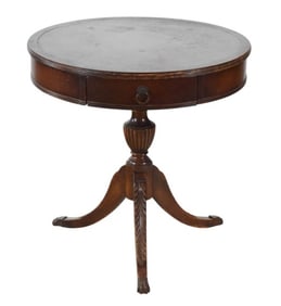 Regency Style Carved Round Leather Top Drum Table
