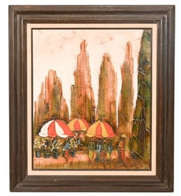 Signed Mid Century Impasto Painting Market Scene