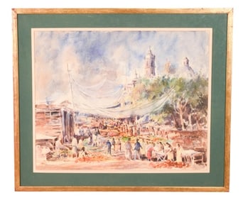 P. Ortiz Signed Watercolor of Open Air Market