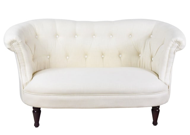 Romeo and Juliet Tufted Linen Rolled Arm Love Seat: Romeo and Juliet Custom Off-White Upholstered Tufted Linen Rolled Arm Love Seat.Measures 31 inches x 60 inches x 26 inches x 17 inchesPlease note there are some minor stains in upholstery. Needs clean