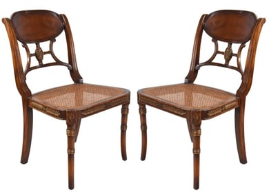 Regency Style Hand Carved Cane Seat Side Chairs