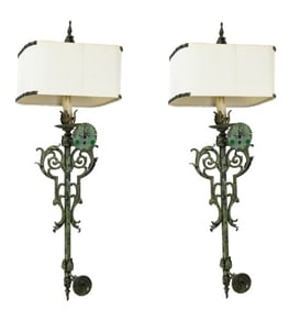 Pair French Wrought Iron & Tole Tall Wall Sconces