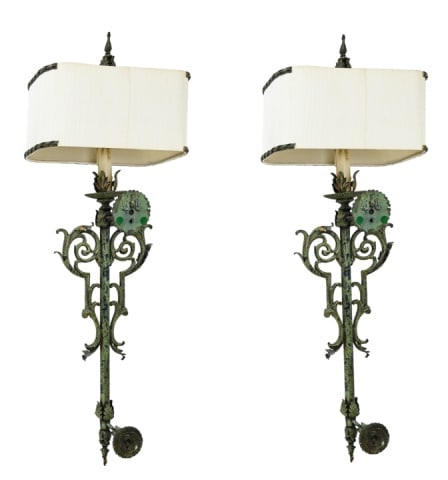 Pair French Wrought Iron & Tole Tall Wall Sconces (1 of 9)