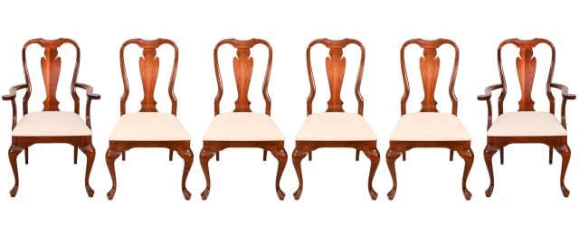 6 Queen Ann Style Carved Upholstered Dining Chairs