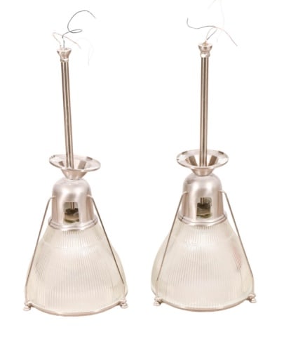 Pair Industrial Glass and Steel Pendant Lights: Pair Industrial Glass and Steel Pendant Lights.Measures 27 inches x 12 inches diameter.