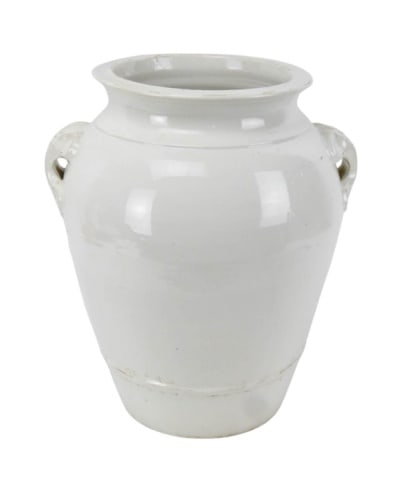 Large Italian Pottery White Glaze Ceramic Jar Urn: Large Italian Pottery White Glaze Ceramic Jar or Urn with Handles. Measures 15 inches x 13 inches in diameter at widest point.