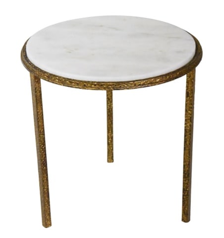 Minimalist 3 Legged Gilt Iron Marble Top Table: Minimalist Three Legged Gilt Iron Marble Top Round Accent Table.Measures 16 inches x 16 inches x 16 inches.