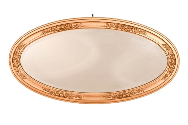 Vintage Gilt Oval Gesso Beveled Mirror: Vintage Gilt Oval Gesso Beveled Mirror. Damage to the frame.Measures 24 inches x 45 inches x 1 inch.
