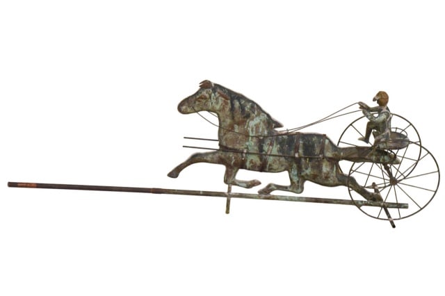 Antique Copper Weathervane Horse with Jockey: Antique Copper Weathervane of Horse and Sulky with a Jockey.Measures 18 inches x 50 inches x 9 inches