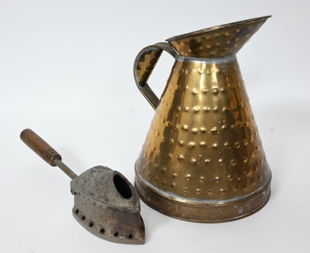 Antique Coal Cast Iron Iron & Brass Pitcher: Antique Coal Cast Iron Iron with Handle & Brass Water Pitcher.Iron measures 4.5 inches x 14 inches x 3 inches.