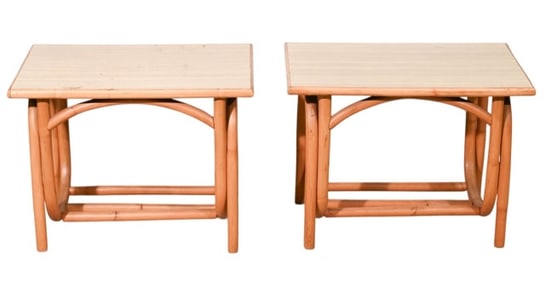 Pair Vintage Rattan Bamboo Laminated Side Tables