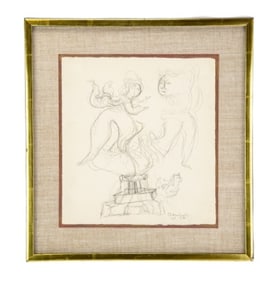 Chaim Gross Signed Pencil of Mother & Child