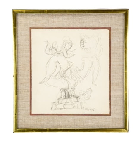 Chaim Gross Signed Pencil of Mother & Child: Christine Amanger Signed Lithograph Numbered 85/175 Girl w Balloon in Bamboo Style Frame. Framed measures 25 inches x 22 inches, art measures 19 inches x 17 inches.