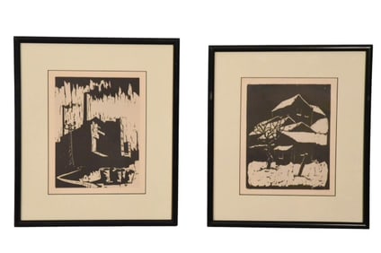 Jacob Pins 2 Framed Wood Cuts Israeli Villages