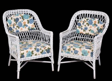 Pair Antique Painted White Wicker Arm Chairs