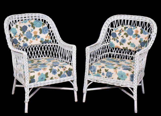 Pair Antique Painted White Wicker Arm Chairs (1 of 11)