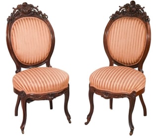 Antique Carved Walnut Upholstered Accent Chairs