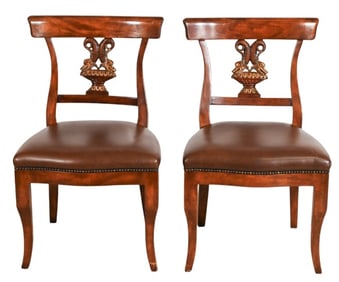 Pair Biedermeier Style Carved Leather Chairs