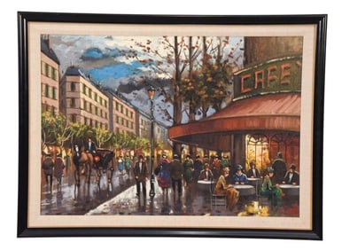 Signed Mid C Oil Painting of Paris Street Cafe