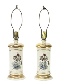 Pair Porcelain Floral Transferware Gilt Table Lamp