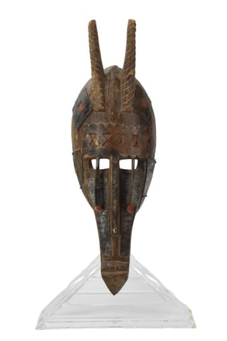 African Mali Marka Ceremonial Mask Tribal Art: African Mali Marka Hand Carved and Painted Ceremonial Mask Tribal Art on Lucite Stand. Measures 21 inches x 11 inches.