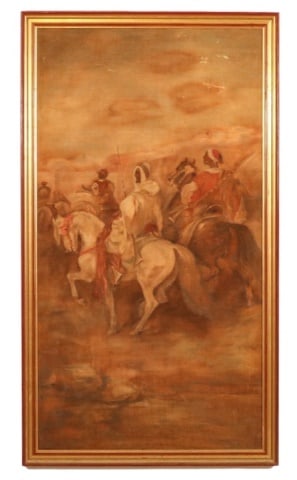 Antique Orientalist Painting on Fabric Men Desert: Antique Orientalist Painting on Fabric of Men Riding Horseback in Desert. Framed measures 56 inches x 32 inches.