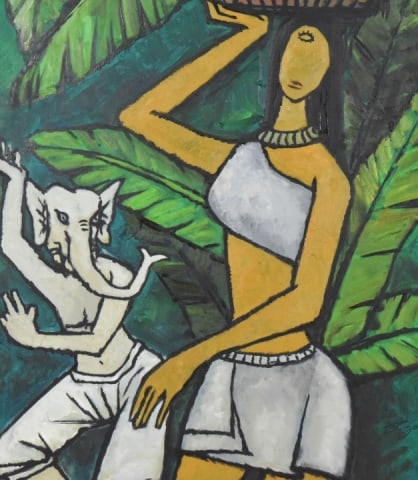 After Maqbool Fida Husain Untitled Oil on Canvas: After Maqbool Fida Husain Untitled Oil on Canvas Painting 1959.Frame measures 41inches x 33.5 inchesArt measures 38 inches x 30.5 inches.Any condition statement is given as a courtesy to a client, is