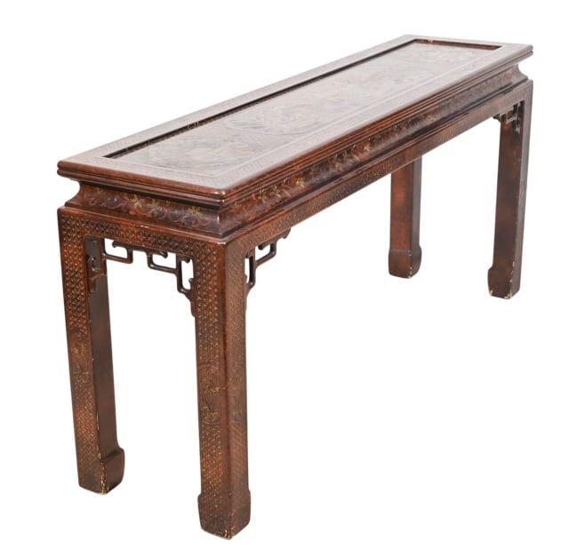 Oriental Style Painted Lacquered Console Table: Oriental Style Hand Carved Hand Painted Lacquered Console Table.Measures 30 inches x 62 inches x 16 inches.