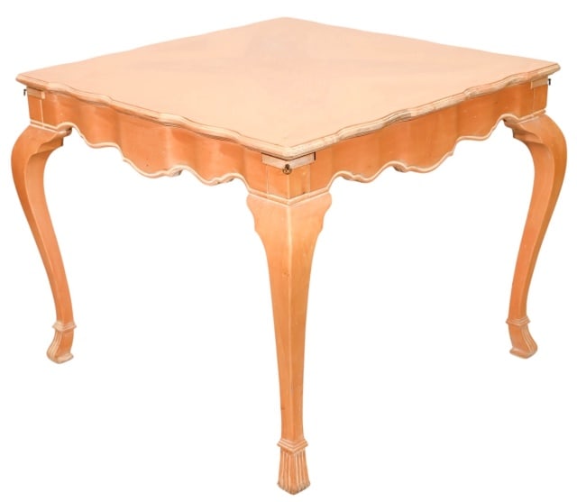 Louis XV Style Carved Distressed Paint Game Table: Louis XV Style Hand Carved Distressed Painted Game Table with Corner Pull Trays.Measures 30 inches x 38 inches x 38 inches.