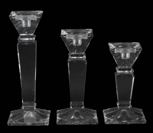 3 Shannon Crystal Graduated Candle Holders: 3 Shannon Crystal Graduated Candle Holders. Larger measures 12 inches x 4.5 inches x 4.5 inches.